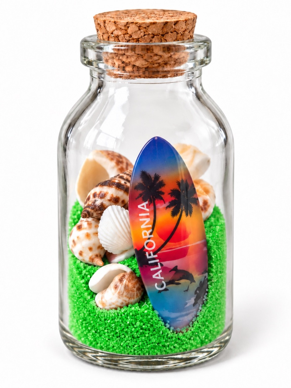 California Surfboard Glass Souvenir Bottle with Cork Stopper, Seashells & Sand